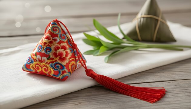 Red silk incense pouch with traditional pattern and rice dumpling on wooden table for Dragon Boat Festival Duanwu celebration concept with warm lighting