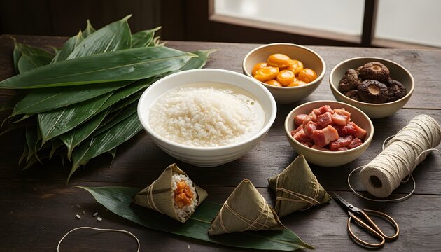 Traditional zongzi making process for the Dragon Boat Festival concept featuring bamboo leaves, glutinous rice, salted egg yolk, and pork belly on a rustic wooden table