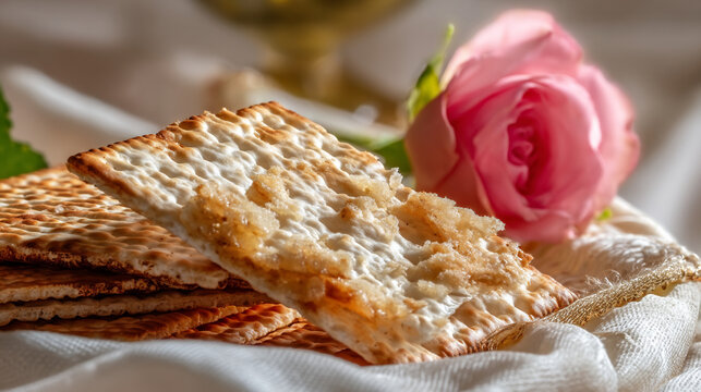 Close-up of matzah stack with pink rose and soft drapes unleavened bread still life