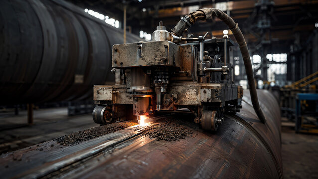 Photoreal industrial editorial photograph of submerged arc welding tractor traveling along a long shop seam on a thick wall pressure vessel cylindrical shell with flux mound being deposited and