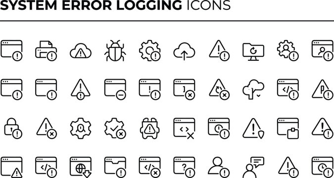 System error logging outline icon set with debugging alerts monitoring diagnostics failure tracking and software maintenance vector collection