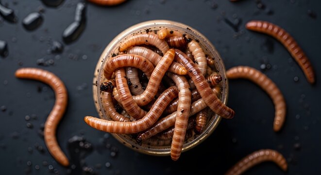 Close up of earthworms in a glass container with scattered worms