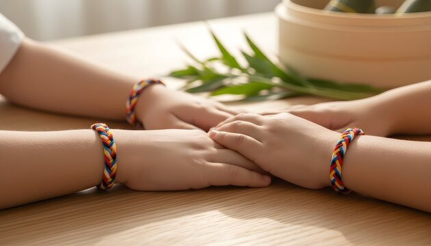 Children wearing five-color bracelets for dragon boat festival concept, traditional chinese duanwu braided silk threads on hands for protection and health cultural celebration