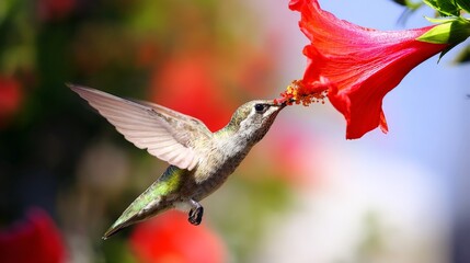 Fototapeta premium A hummingbird is eating a red flower. The flower is in the foreground and the bird is in the background