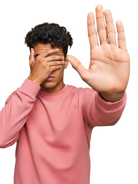Man expressing discomfort and refusal isolated on transparent background