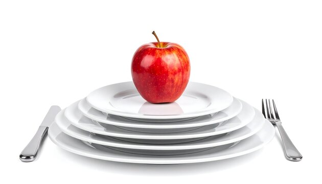 A single red apple sits atop a stack of progressively larger white plates, with a knife and fork placed beside the plates