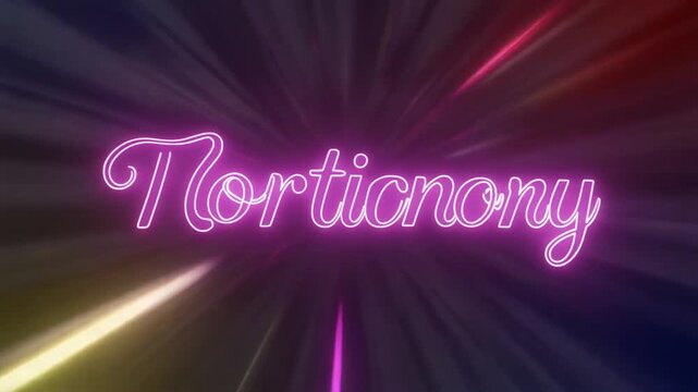 Neon pink Norticnony text on dark background, glowing script typography with light rays, retro futuristic motion graphic for video intro