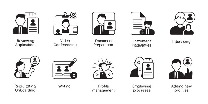 Human resources and recruitment process icons set depicting interviewing onboarding and profile management flow.