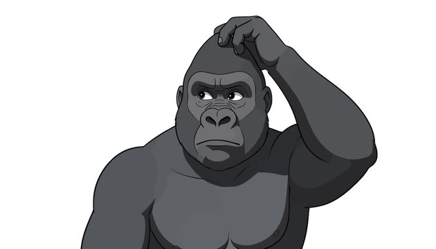 Thinking Gorilla Cartoon Character, Isolated Vector Illustration with Hand on Head for Business Decision or Problem Solving Concept