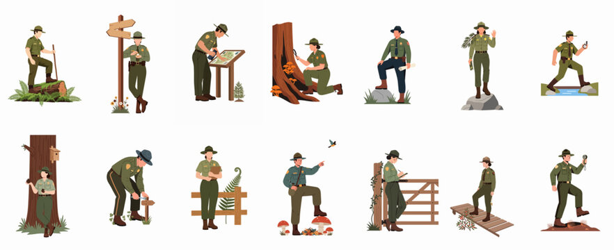 Comprehensive collection of park ranger characters engaged in various forest and nature conservation activities, including hiking, mapping, and environmental observation.