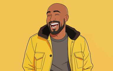 Obraz premium Cartoon laughing bald black male character in yellow jacket