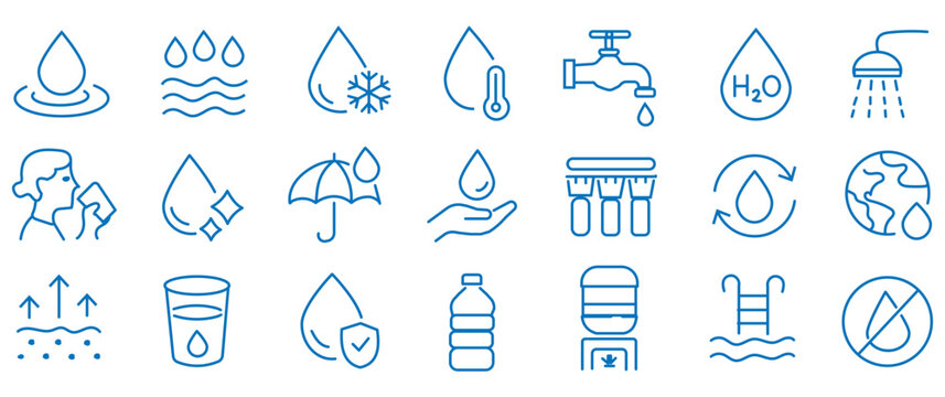 Water treatment icon set. Water treatment line icons. Containing water filter, purification and more. Vector icons collection. Vector illustration
