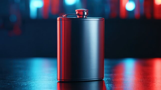 Stainless steel hip flask with cap on bar counter with colorful lights