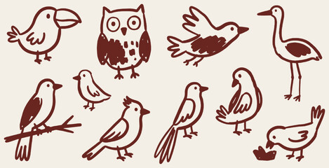 Naklejka premium Collection of hand-drawn bird illustrations in a simple, doodle style, featuring various bird species.