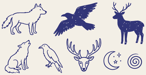 Obraz premium Set of hand-drawn forest animals and nature elements, including wolf, raven, deer, moon, and spiral, in a doodle style.