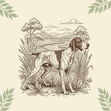 Elegant Pointer Dog Standing Alert in Natural Landscape.
