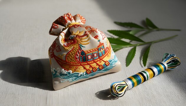 Traditional embroidered dragon boat pattern on a silk pouch with five-color silk threads for Dragon Boat Festival (Duanwu) concept celebration