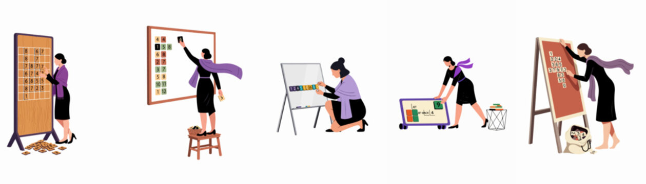 Set of illustrations depicting a female mathematician working with number sequences and mathematical calculations on various display boards and stands.
