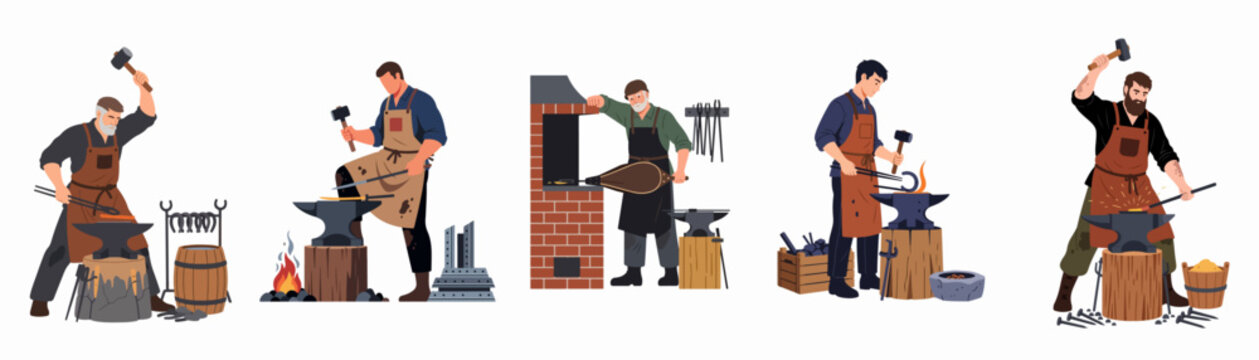 Set of professional blacksmith characters practicing traditional metalcraft and forging hot metal with hammers on anvils in a workshop.