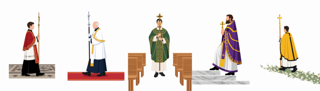 Set of five vector illustrations showing clergy members in diverse liturgical vestments and church settings during religious ceremonies and processions.