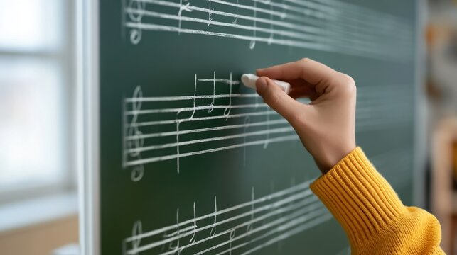 Hand Writing Music Notes on Staff Lines with White Chalk on Blackboard