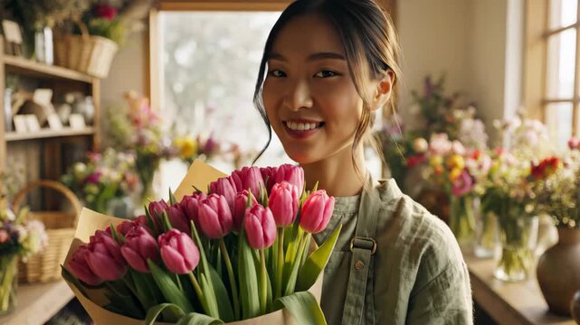 Young Florist Smiling with Tulip Bouquet - A young Asian woman florist wearing a green blouse and apron smiles warmly while holding a vibrant bouquet of pink tulips.