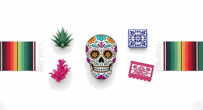 Colorful day of the dead skull and mexican fiesta decorations on white