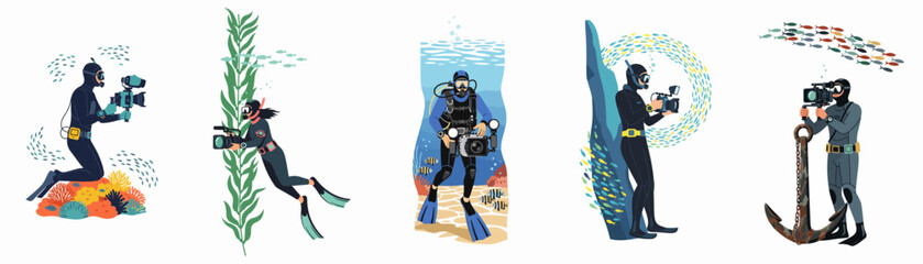 Collection of professional underwater photographers and scuba divers filming diverse marine life, coral reefs, and kelp forests in various aquatic scenarios. © Rolas