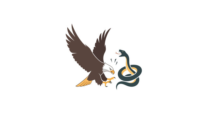 Eagle attacking coiled snake in conflict on white background