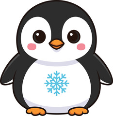 Obraz premium Cute Cartoon Baby Penguin Character Illustration with Snowflake Design Large Brown Eyes Chibi Style Flat Vector Isolated on White Background