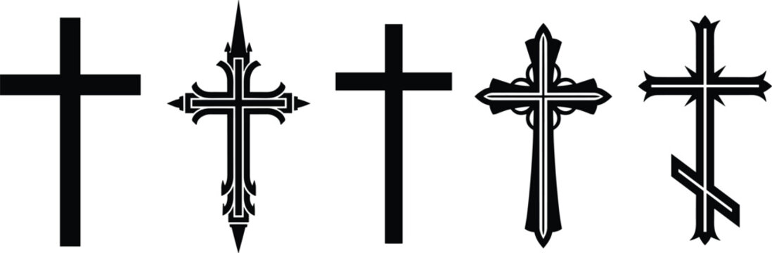 Christian Cross Icon Set, Five Black Religious Silhouette Symbols, Traditional Latin and Decorative Crucifix Vector Graphics, Spiritual Faith Design Elements