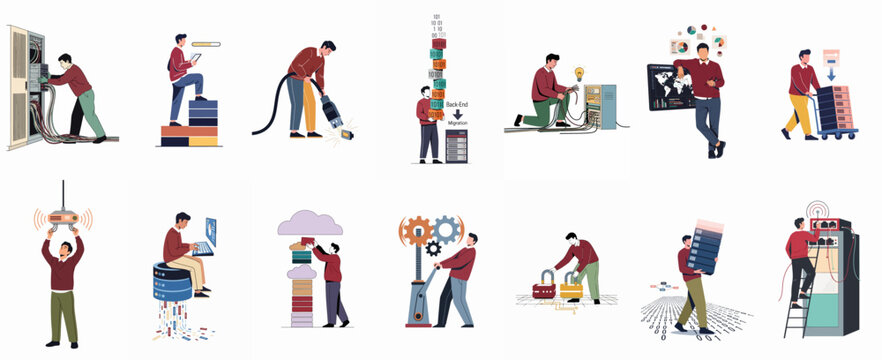 IT professional vector illustrations set featuring system administrators managing servers, cloud data, network security, and database maintenance tasks in a flat style.