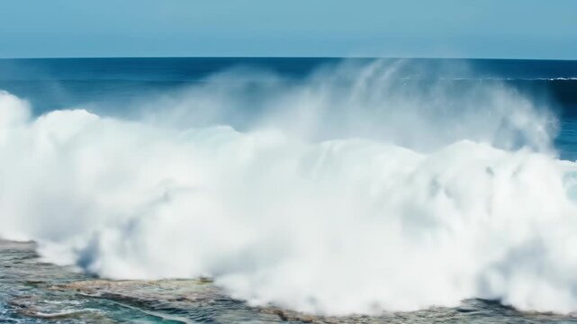 Blue Ocean Wave Breaking - A large blue ocean wave crashes and breaks against a reef, sending up a plume of white water. The water below is clear, showing the reef structure.