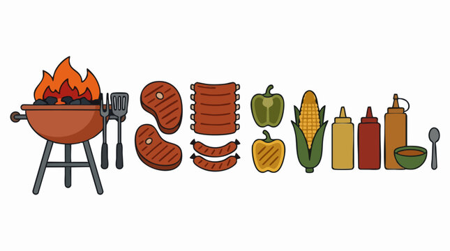 Summer barbecue food and grilling essentials flat design vector illustration