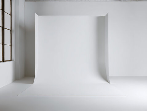Empty white photography studio with seamless backdrop