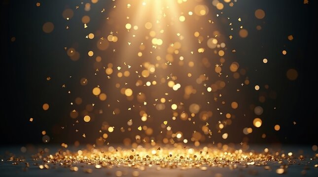 Golden confetti falling from bright light beams celebration bokeh