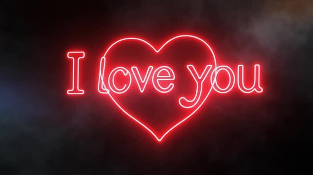 Neon red I Love You text in heart shape, glowing romantic message on dark smoky background, vibrant electric light sign for Valentine's Day