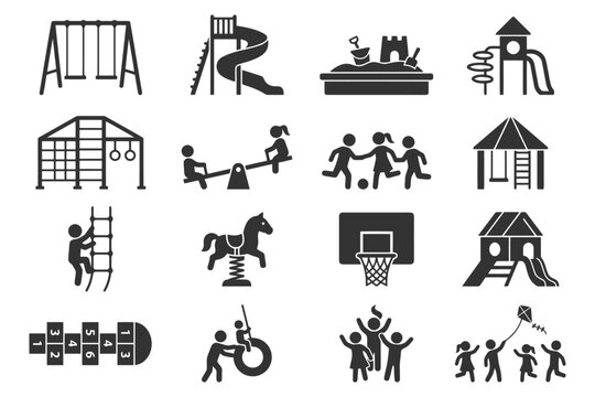 Playground elements including swings slides sandboxes for child outdoor play activities.