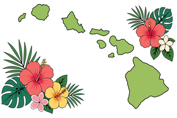 Map of hawaii islands with colorful tropical hibiscus flowers and palm leaves © mdalhazsarkar