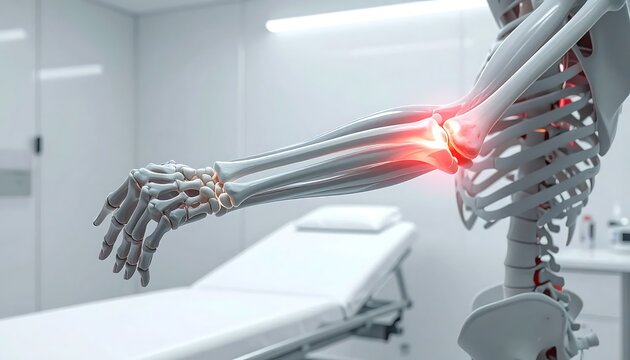 Human Skeletal Arm 3d Illustration With Red Glowing Elbow Joint Pain In Clinical Medical Examination Room Background