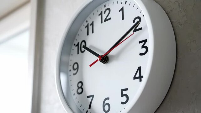 White Wall Clock Close-Up - A close-up shot showcases a classic white wall clock with black numbers. The hands indicate the time with hour, minute, and second hands visible.