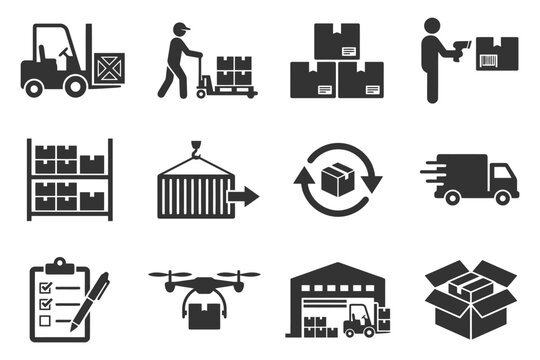 Logistics and warehouse icon set featuring boxes, forklift, and delivery truck.