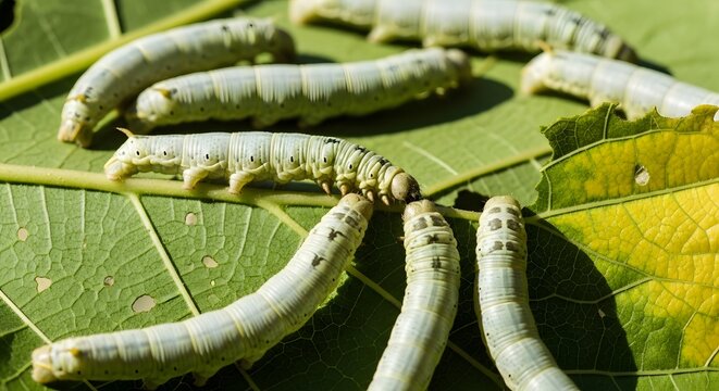 Silkworms crawling on mulberry leaves a close up view of sericulture