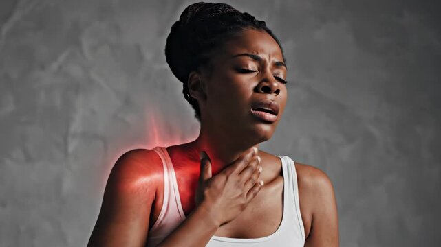 Woman Experiencing Neck and Shoulder Pain - Close up of a young Black woman experiencing neck and shoulder pain. The painful area is highlighted with a red glow, with a simple gray background.