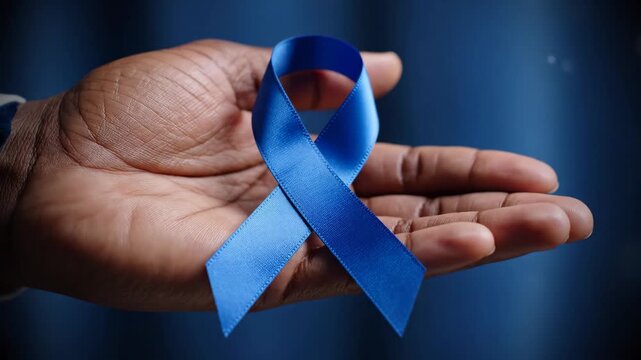 Prostate Cancer Awareness Ribbon - Close-up of a hand holding a blue ribbon. This ribbon is used as a symbol for prostate cancer awareness and men's health.