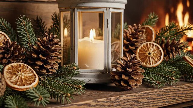 Cozy Holiday Decoration with Lantern and Pine Cones - A cozy holiday composition features a white lantern with a lit candle, surrounded by pine cones, dried citrus slices, and green branches arranged
