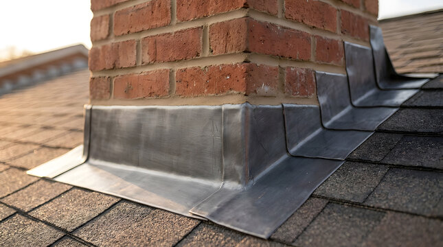 Close up of professional chimney flashing on a residential roof | Red brick chimney with expert lead flashing installation | Waterproofing and roof maintenance for leak protection | Building detail
