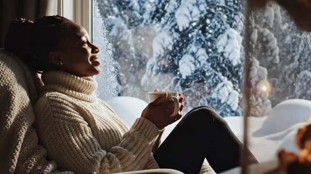 Woman Enjoying Warm Drink by Snowy Window - A cozy woman relaxes in a comfortable chair, holding a mug and gazing out the window at a beautiful snowy winter scene.