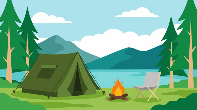 Flat design illustration of a camping scene with tent, campfire, and lake
