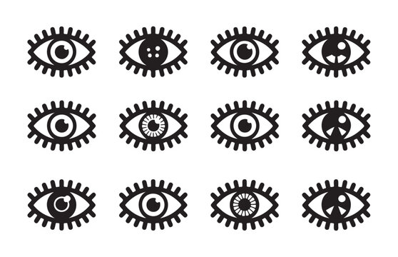 Circular eye icons collection with thick eyelashes and creative iris variations for character design projects.